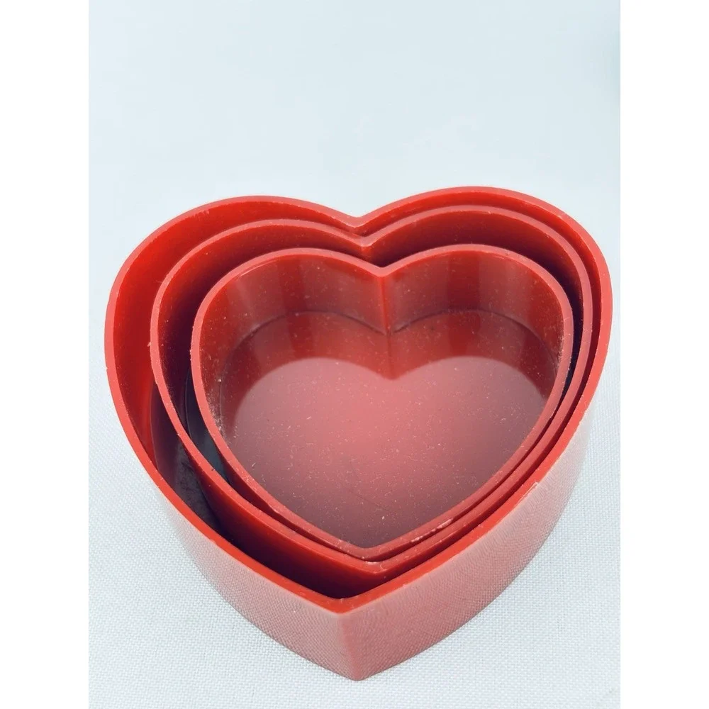 Vintage Red Nesting Heart Trinket Boxes Hong Kong - Plastic Floral Flowers Set 3